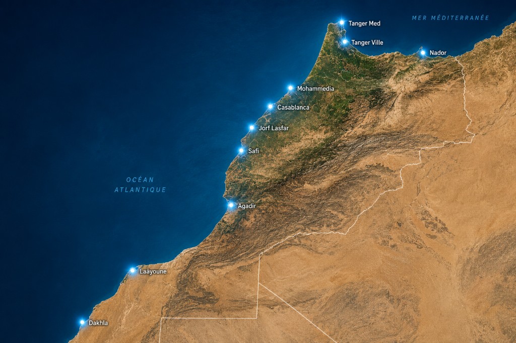 Satellite map of Morocco showing commercial port locations